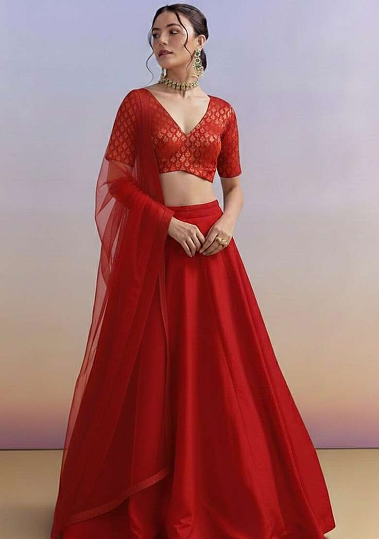 Red Brocade Lehenga Set With Embroidered Blouse for Diwali and Festive Wear - Indya