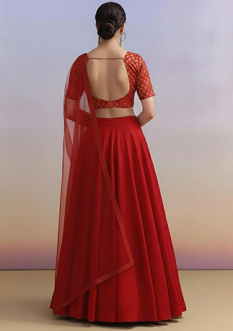 Red Brocade Lehenga Set With Embroidered Blouse - Indya