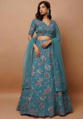 Teal Blue Crepe Embroidered Lehenga Set