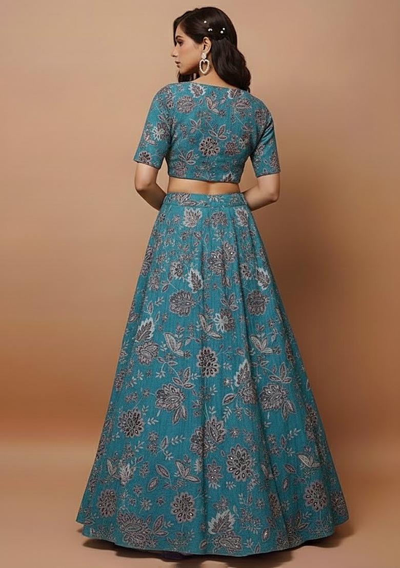 Teal Blue Crepe Embroidered Lehenga Set - Indya