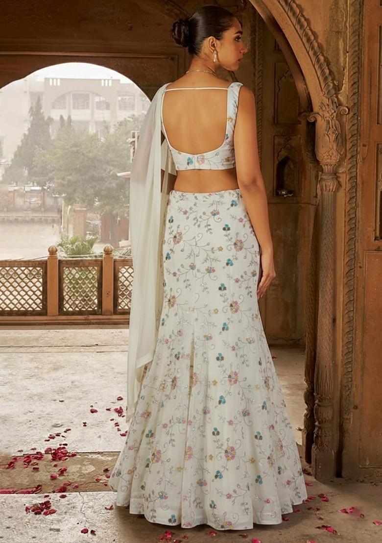 Off White Tissue Embroidered Lehenga Set - Indya