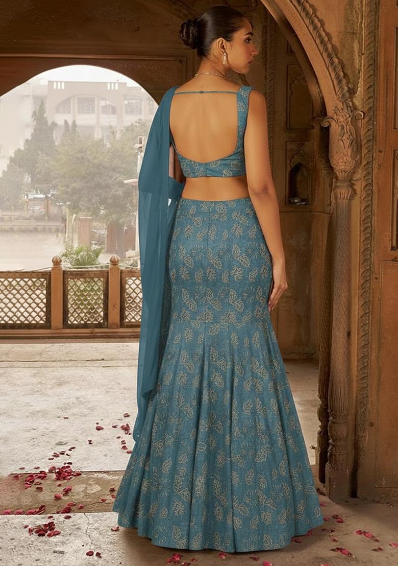 Deep Teal Net Embroidered Lehenga Set - Indya