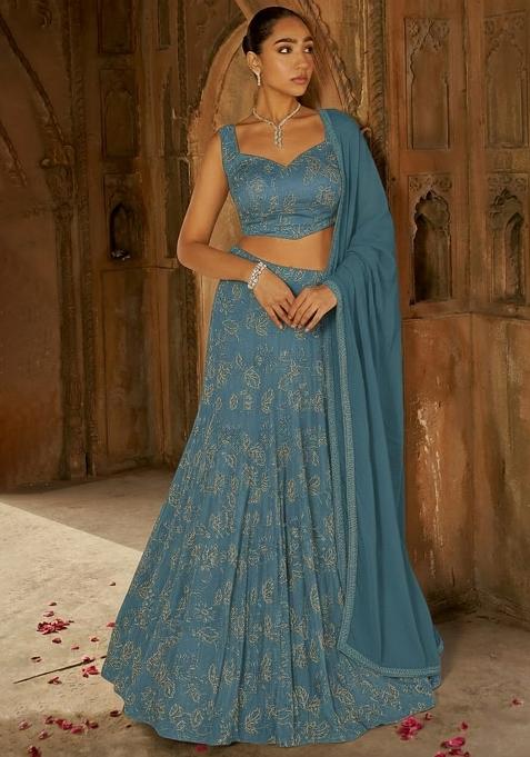 Deep Teal Net Embroidered Lehenga Set