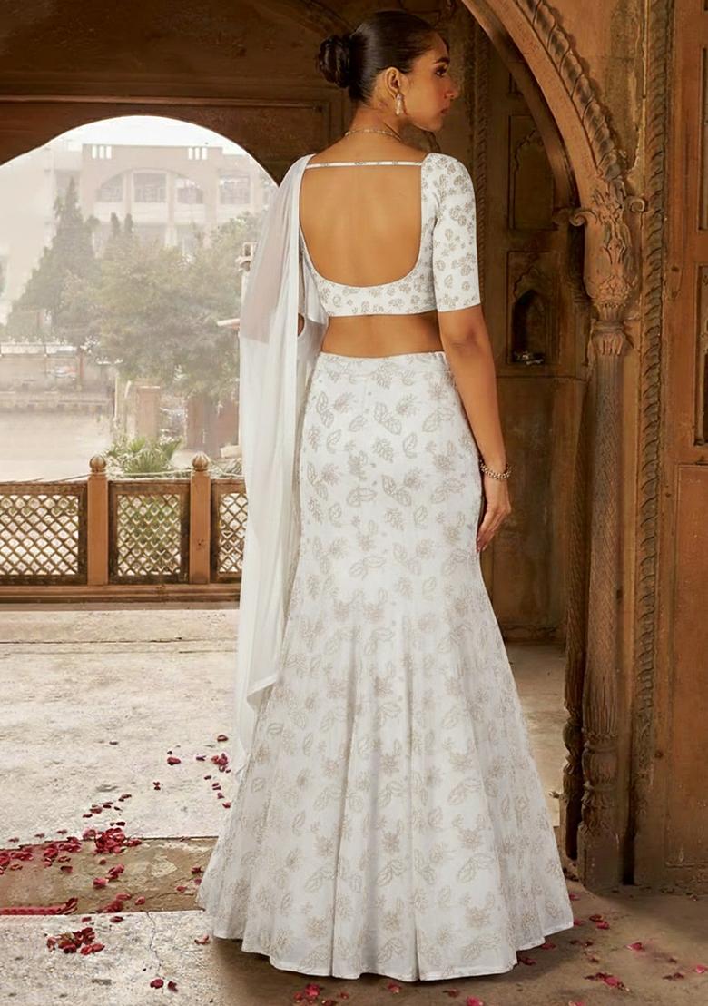 Ivory Net Embroidered Lehenga Set - Indya
