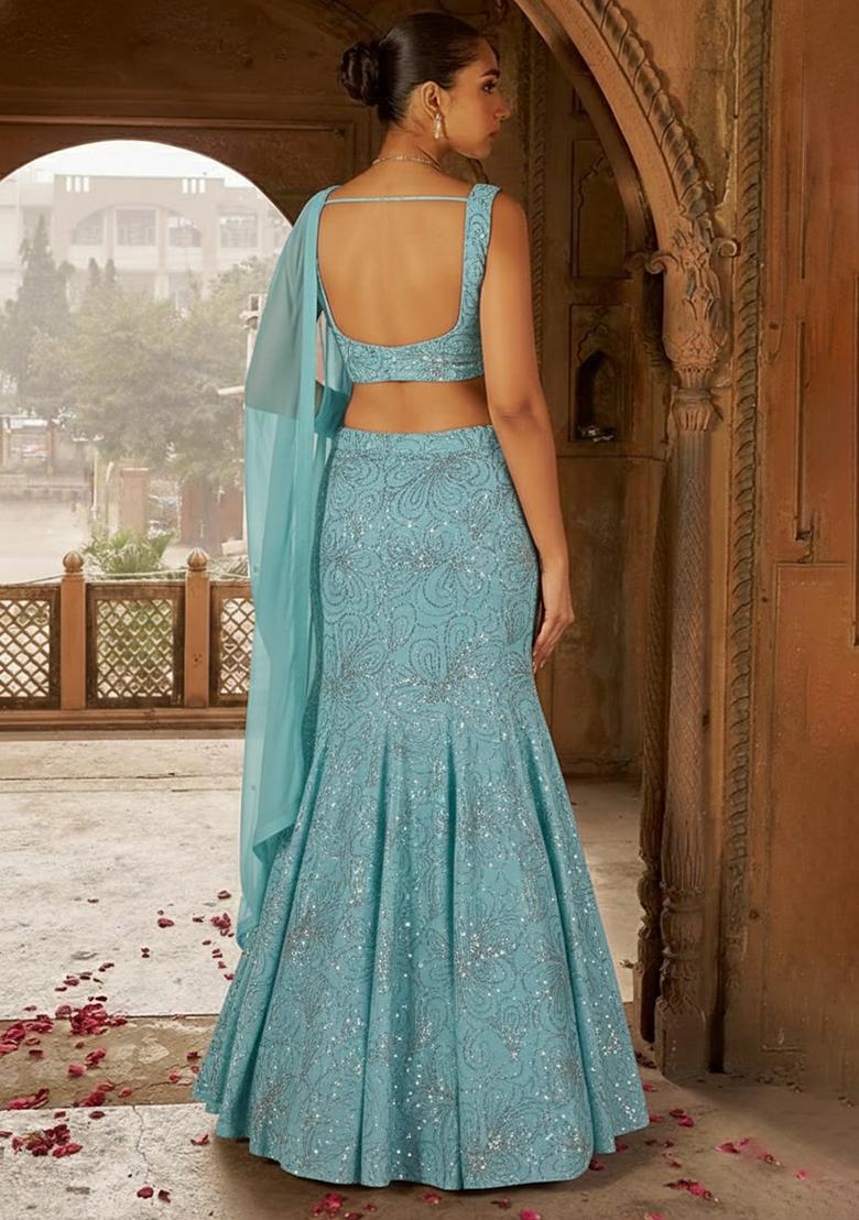 Powder Blue Chinon Sequin Lehenga Set - Indya
