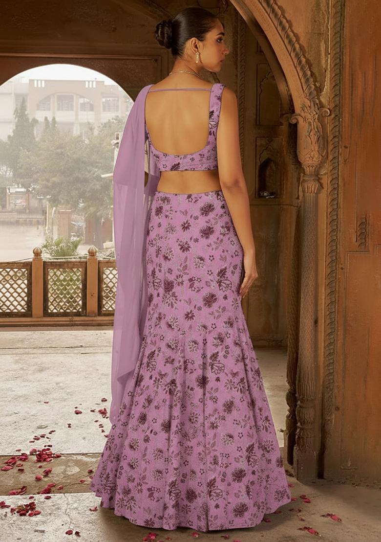 Lavender Crepe Embroidered Lehenga Set - Indya