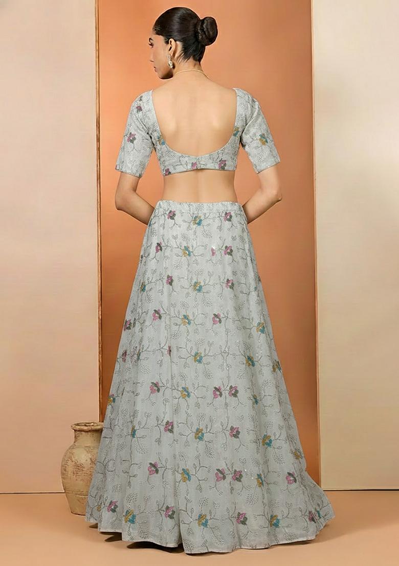 Off White Tissue Embroidered Lehenga Set - Indya