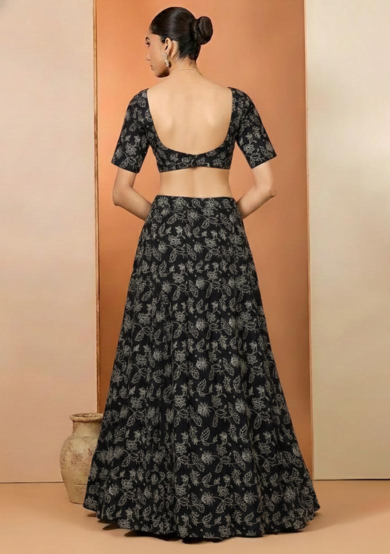 Black Net Printed Lehenga Set - Indya