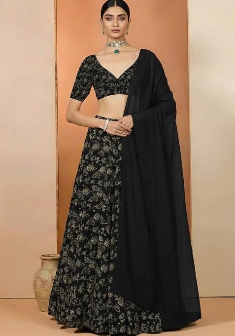 Black Net Printed Lehenga Set