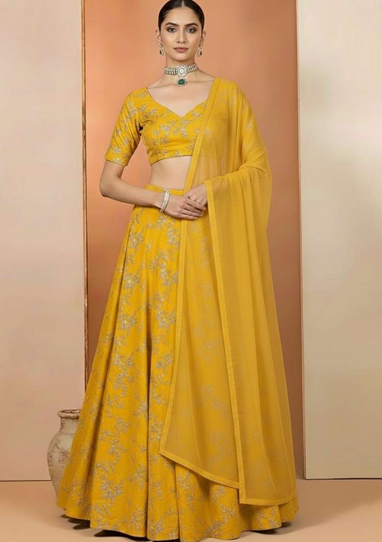 Mustard Yellow Crepe Embroidered Lehenga Set - Indya