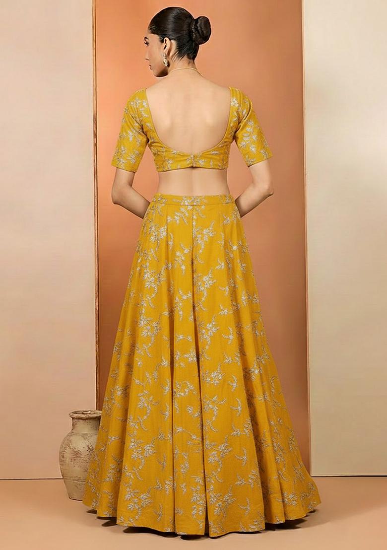 Mustard Yellow Crepe Embroidered Lehenga Set - Indya