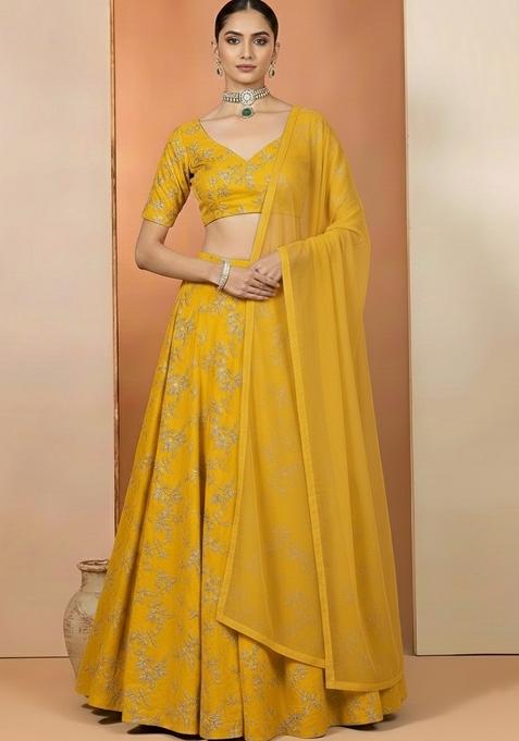 Mustard Yellow Crepe Embroidered Lehenga Set