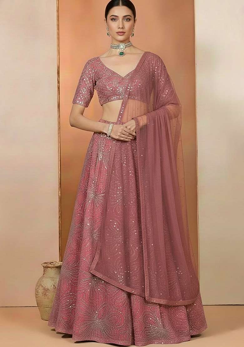 Pink Chinon Sequin Lehenga Set - Indya