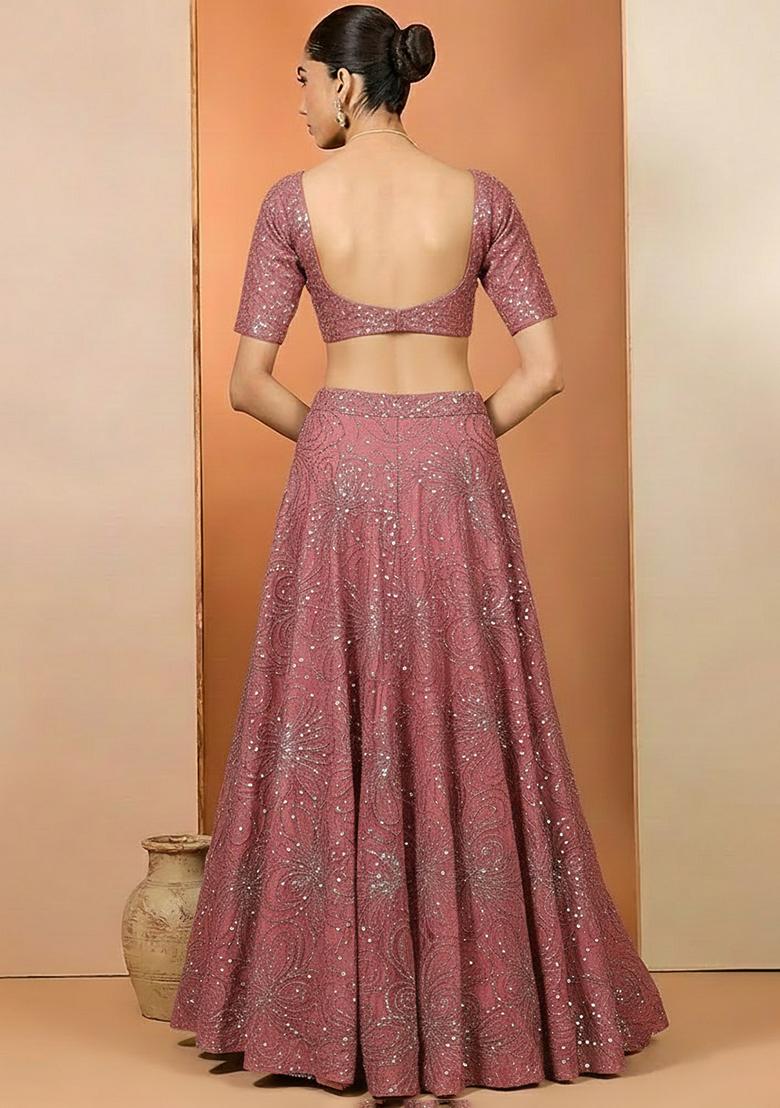 Pink Chinon Sequin Lehenga Set - Indya