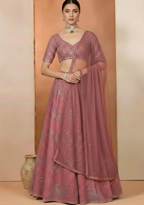 Pink Chinon Sequin Lehenga Set