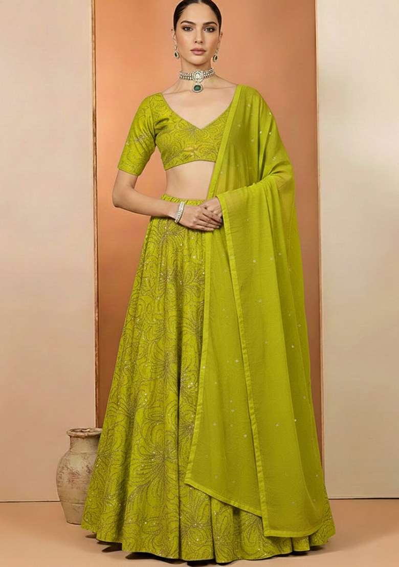 Leaf Green Chinon Lehenga Set With Sequin Blouse - Indya