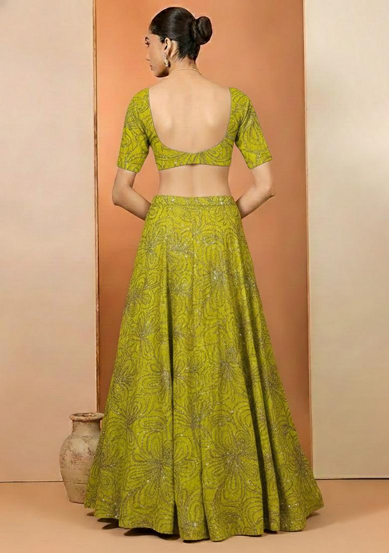 Leaf Green Chinon Lehenga Set With Sequin Blouse - Indya