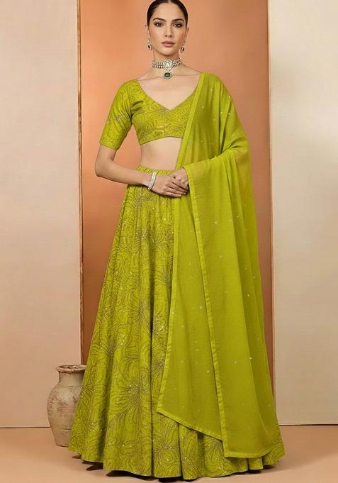 Leaf Green Chinon Lehenga Set With Sequin Blouse