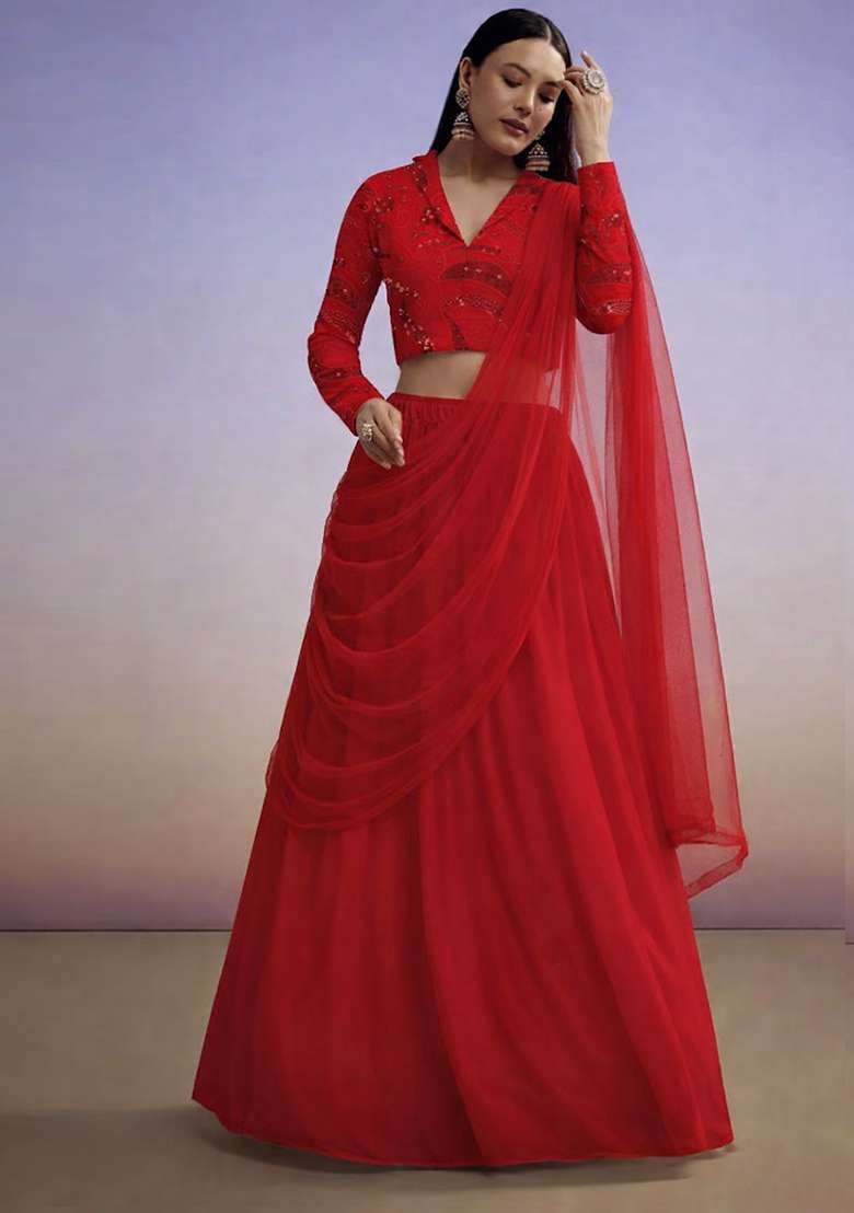 Red Georgette Lehenga Set With Sequin Blouse - Indya