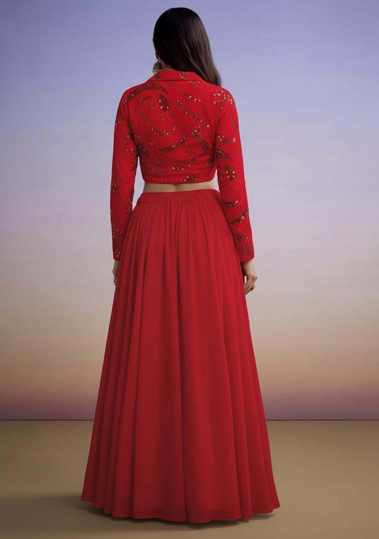 Red Georgette Lehenga Set With Sequin Blouse - Indya