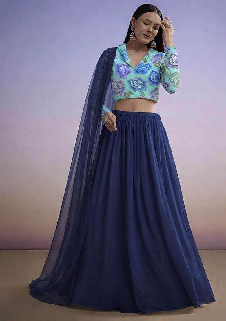 Deep Blue Chinon Printed Lehenga Set - Indya