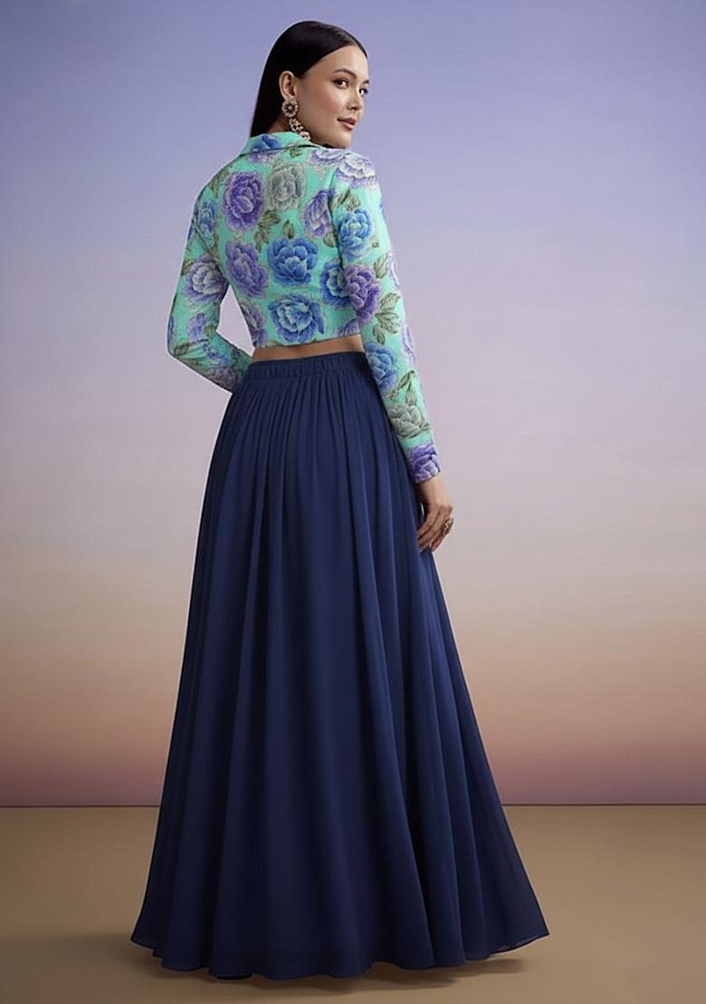 Deep Blue Chinon Printed Lehenga Set - Indya