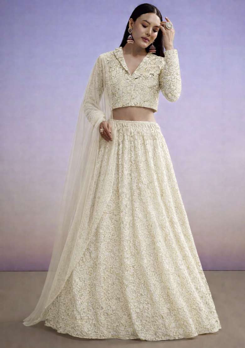 Off White Net Self Design Lehenga Set - Indya