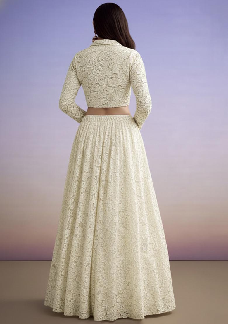 Off White Net Self Design Lehenga Set - Indya