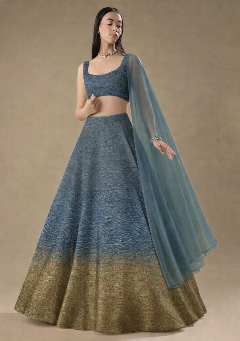 Muted Teal Tissue Soild Lehenga Set - Indya