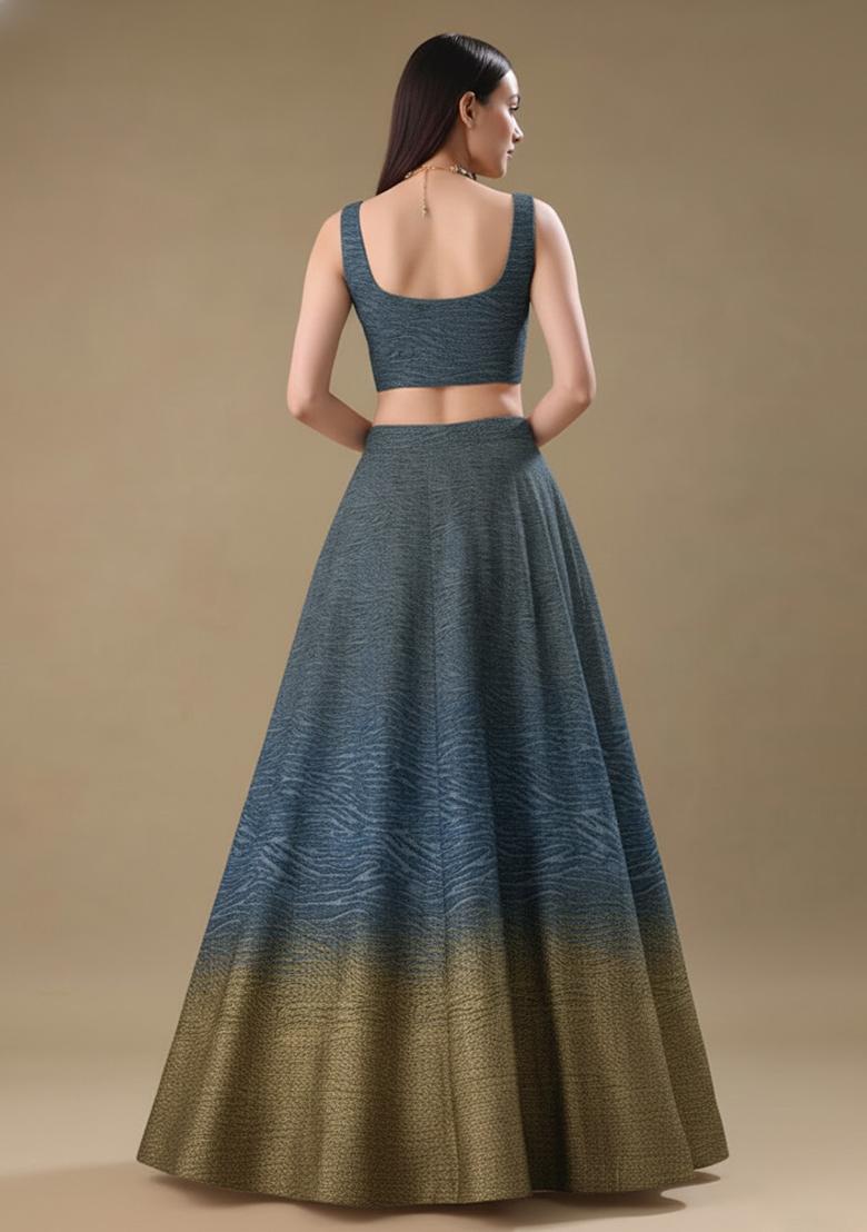 Muted Teal Tissue Soild Lehenga Set - Indya