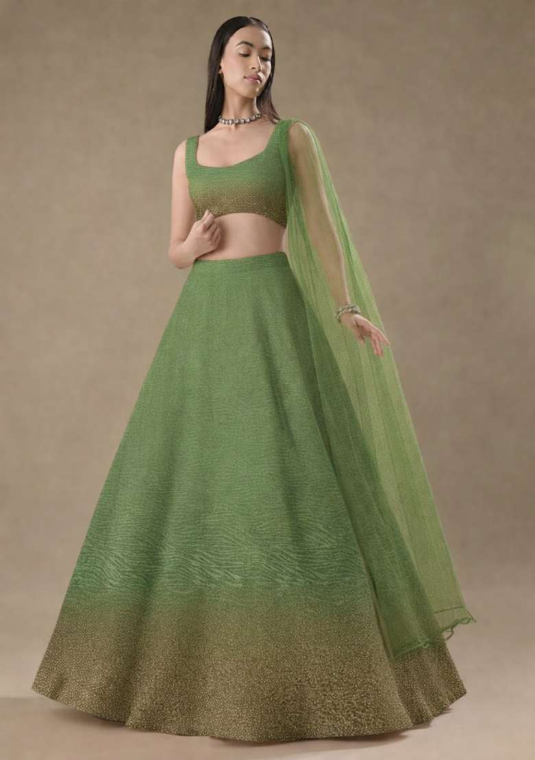 Olive Green Tissue Soild Lehenga Set - Indya
