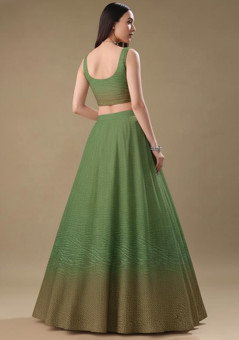Olive Green Tissue Soild Lehenga Set - Indya