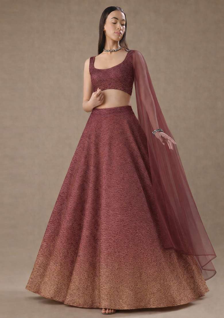 Maroon Tissue Soild Lehenga Set - Indya
