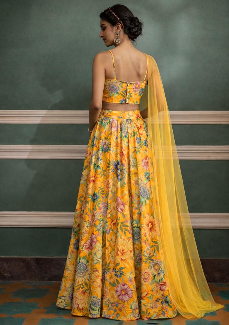 Yellow Crepe Abstract Print Lehenga Set - Indya