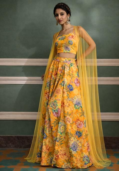 Yellow Crepe Abstract Print Lehenga Set
