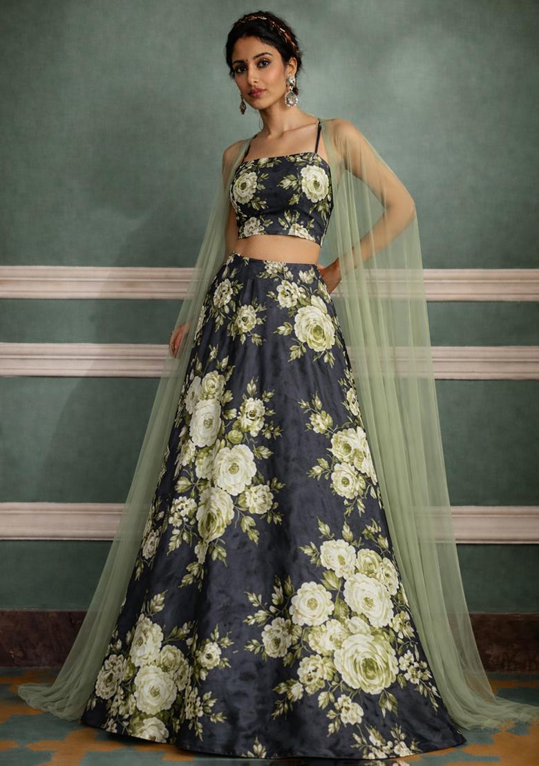 Deep Grey Crepe Abstract Print Lehenga Set - Indya