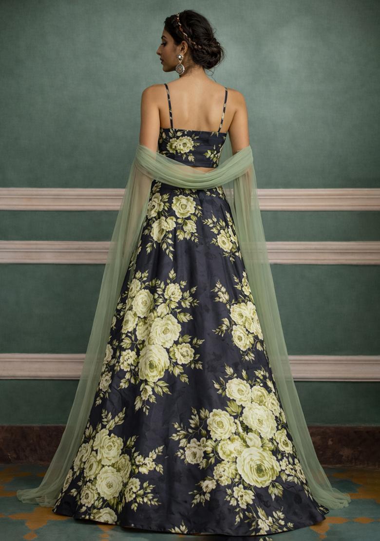 Deep Grey Crepe Abstract Print Lehenga Set - Indya