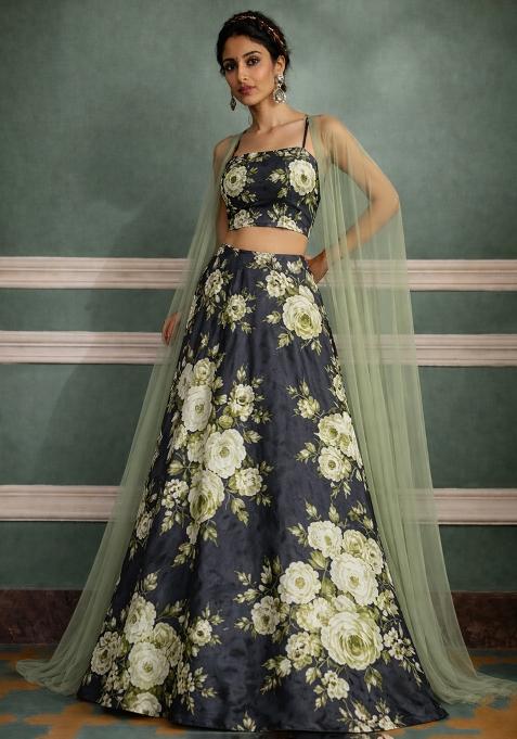 Deep Grey Crepe Abstract Print Lehenga Set