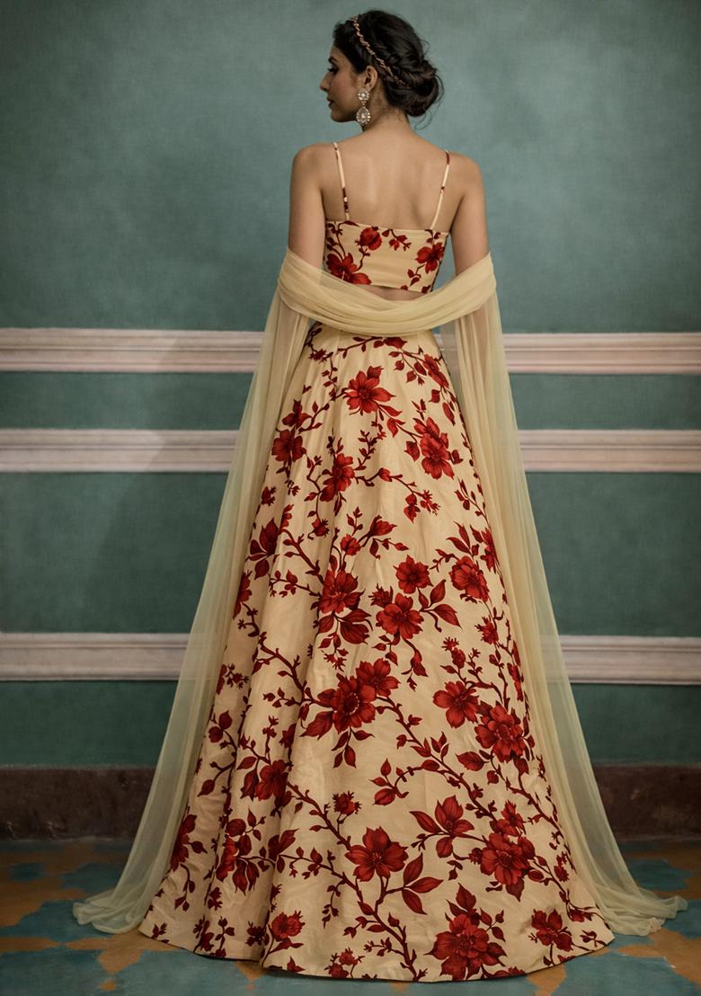 Light Cream Crepe Abstract Print Lehenga Set - Indya