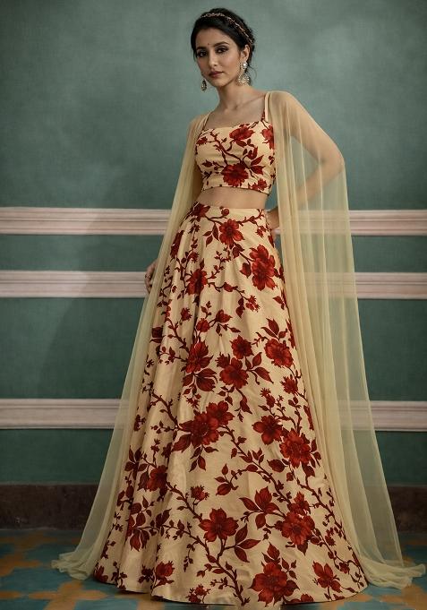 Light Cream Crepe Abstract Print Lehenga Set