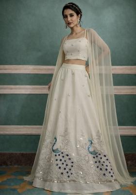 Off White Crepe Embroidered Lehenga Set