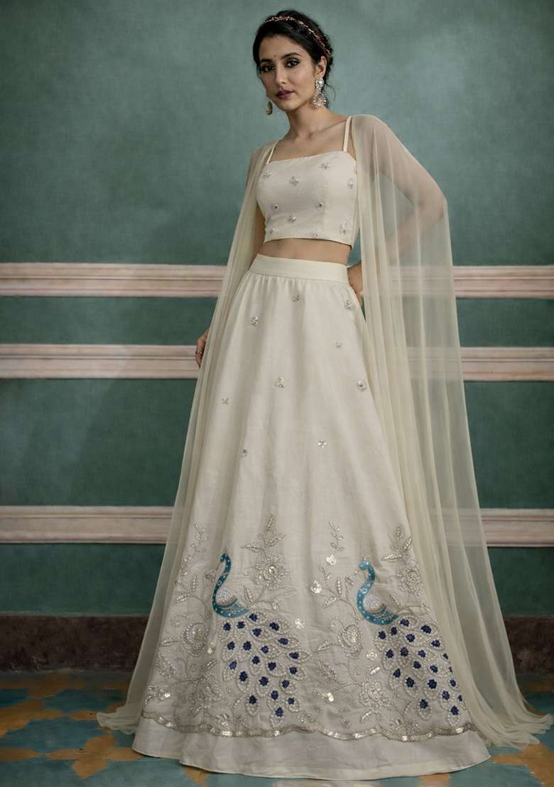 Off White Crepe Embroidered Lehenga Set - Indya
