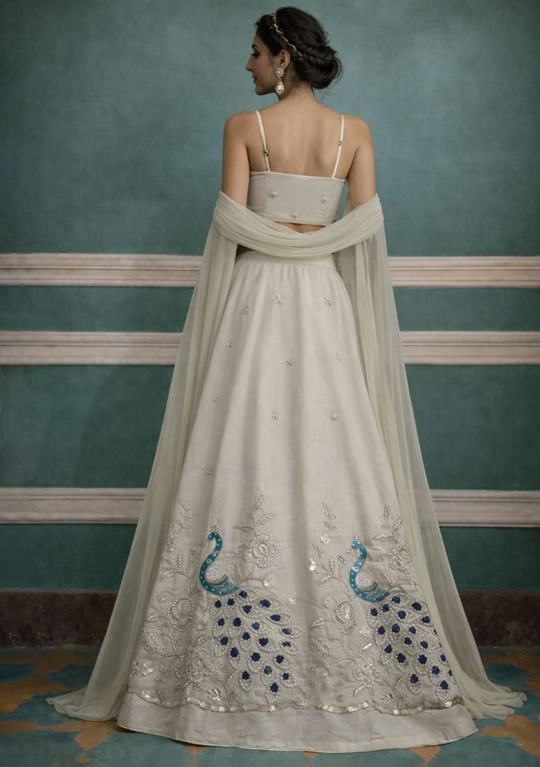 Off White Crepe Embroidered Lehenga Set - Indya