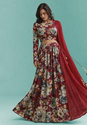 Deep Maroon Floral Print Crepe Lehenga Set