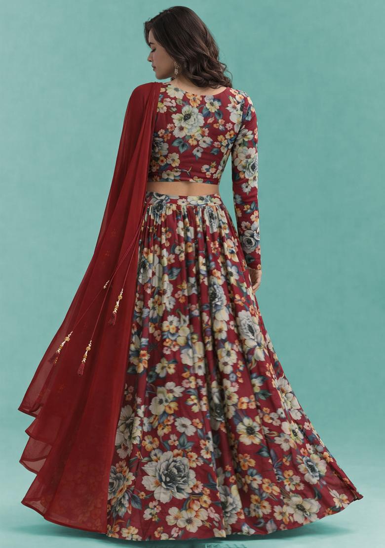 Deep Maroon Floral Print Crepe Lehenga Set - Indya