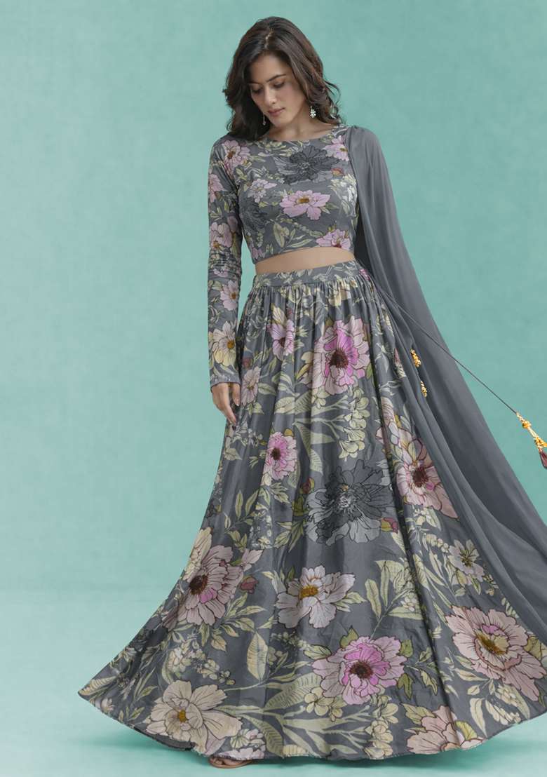 Dusty Blue Floral Print Crepe Lehenga Set - Indya