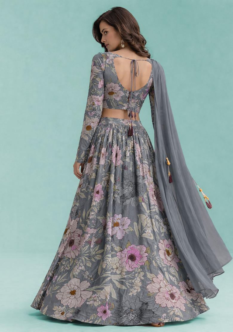 Dusty Blue Floral Print Crepe Lehenga Set - Indya