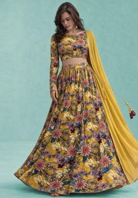 Yellow Floral Print Crepe Lehenga Set