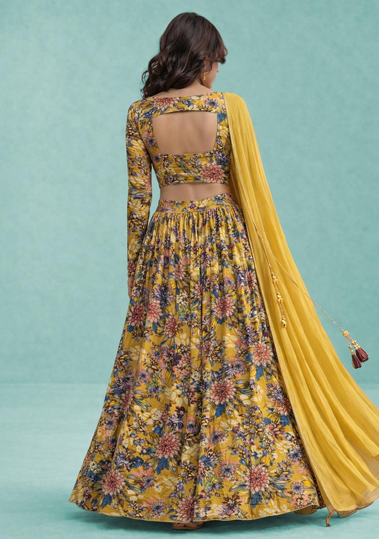 Yellow Floral Print Crepe Lehenga Set - Indya