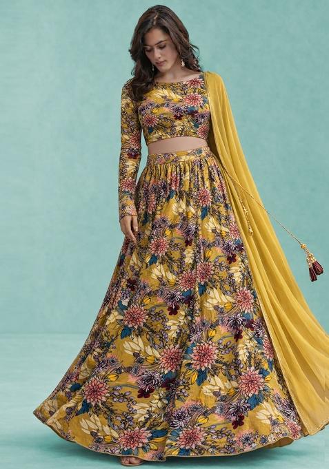 Yellow Floral Print Crepe Lehenga Set